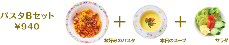 パスタBセット　￥900　お好みのパスタ + 本日のスープ + サラダ